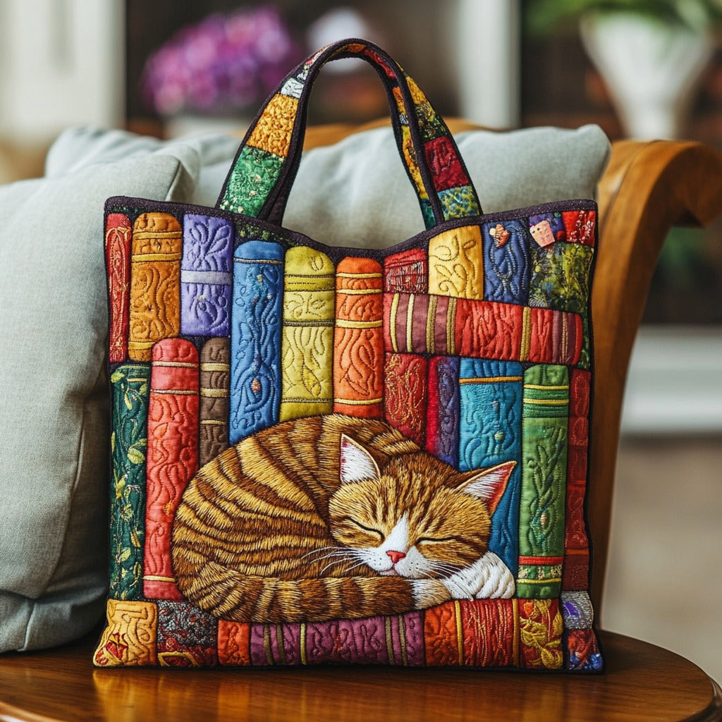 Bolsa Tote Matelassê com Gato de Biblioteca Vintage