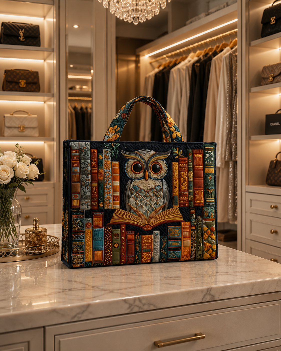 Bolsa Tote Acolchoada - Coruja e Livros Antigos