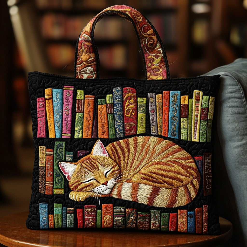 Bolsa tote acolchoada com gato dormindo e livros
