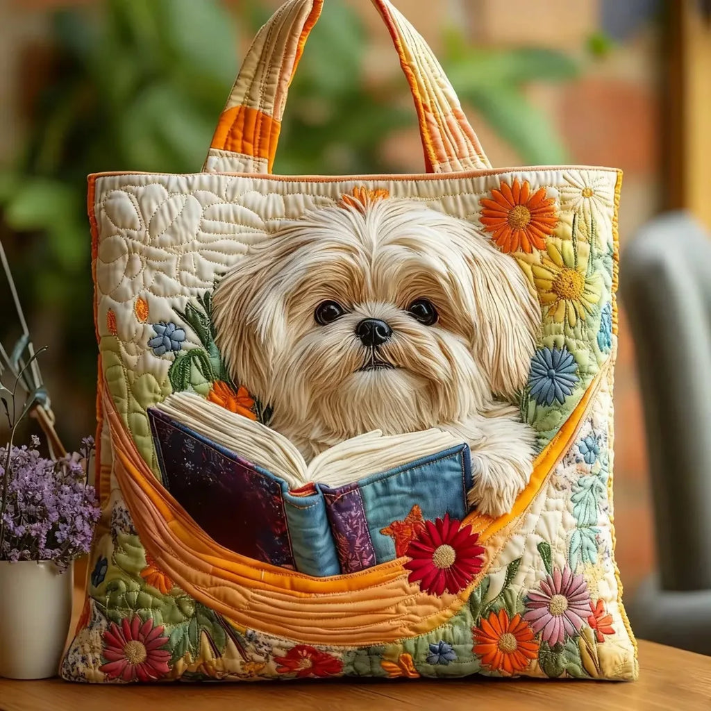 Bolsa Tote Acolchoada - Shih Tzu com Livros e Flores