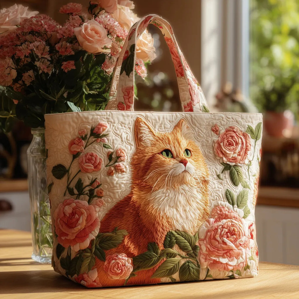 Bolsa Tote Matelassê - Gato Ruivo com Rosas