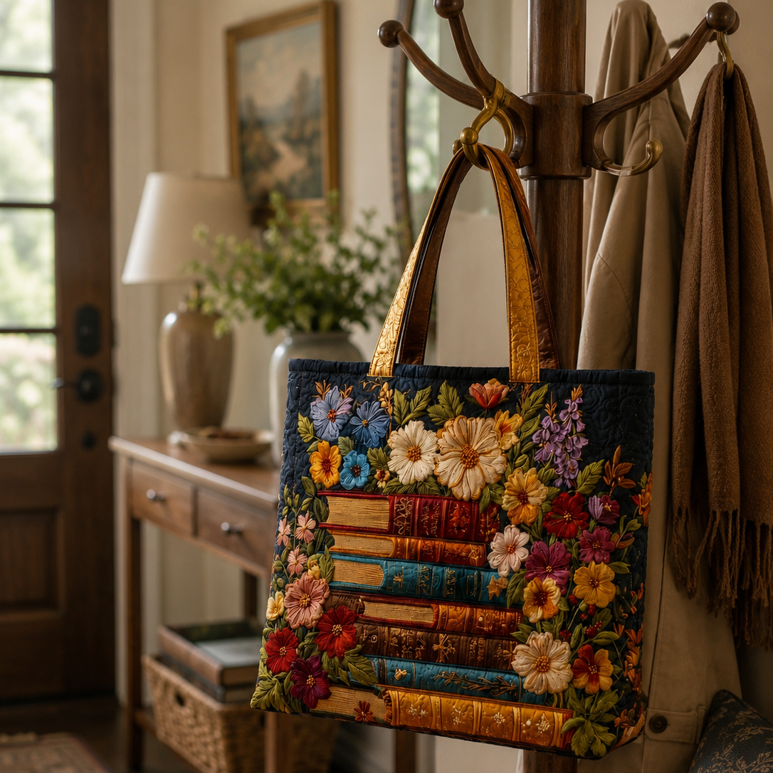 Bolsa tote matelassê - estampa floral e de livros