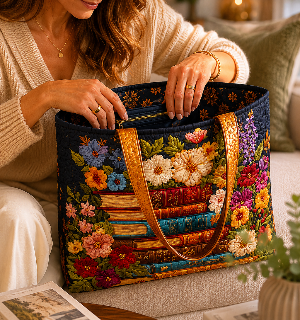 Bolsa tote matelassê - estampa floral e de livros