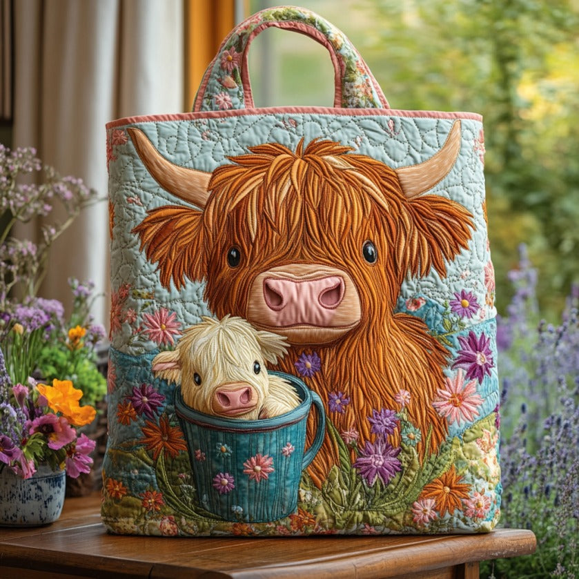 Bolsa tote bucket acolchoada com estampa de vaca Highland