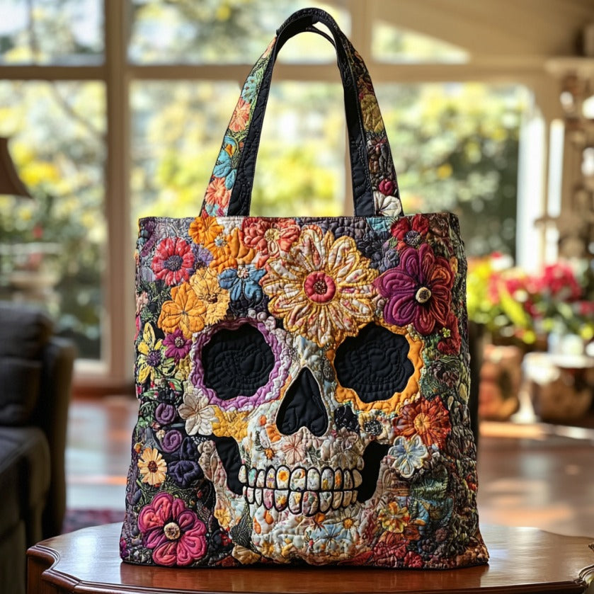 Bolsa Tote Acolchoada com Flores e Caveira