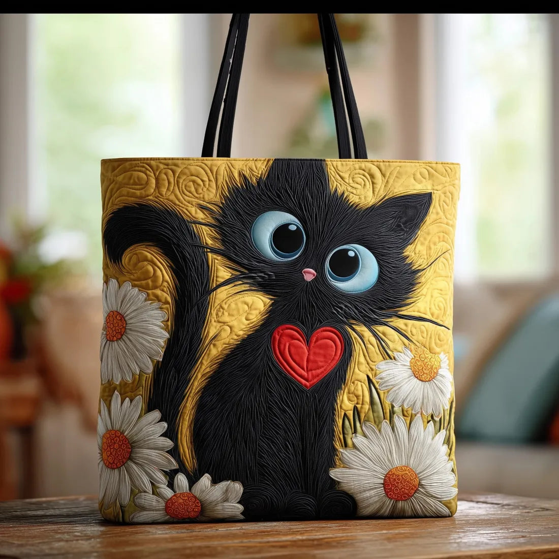 Bolsa Tote Matelassê - Gato Preto com Margaridas