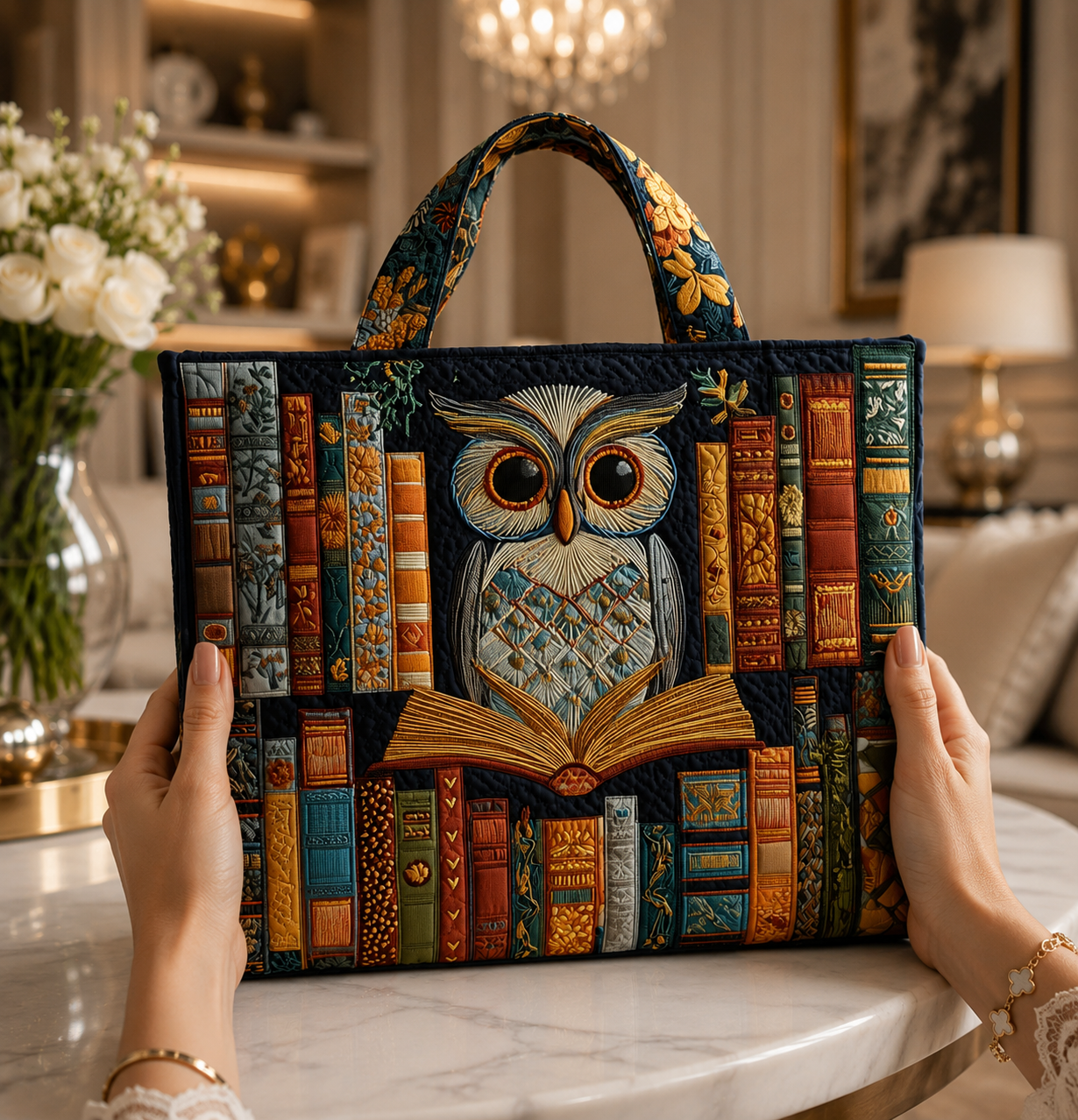 Bolsa Tote Acolchoada - Coruja e Livros Antigos