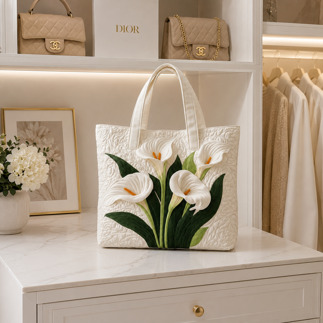 Bolsa Tote Matelassê - Lírios Calla Brancos