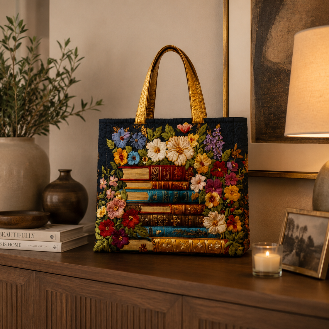Bolsa tote matelassê - estampa floral e de livros