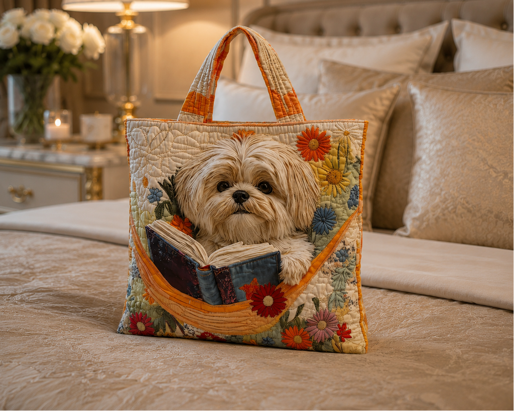 Bolsa Tote Acolchoada - Shih Tzu com Livros e Flores