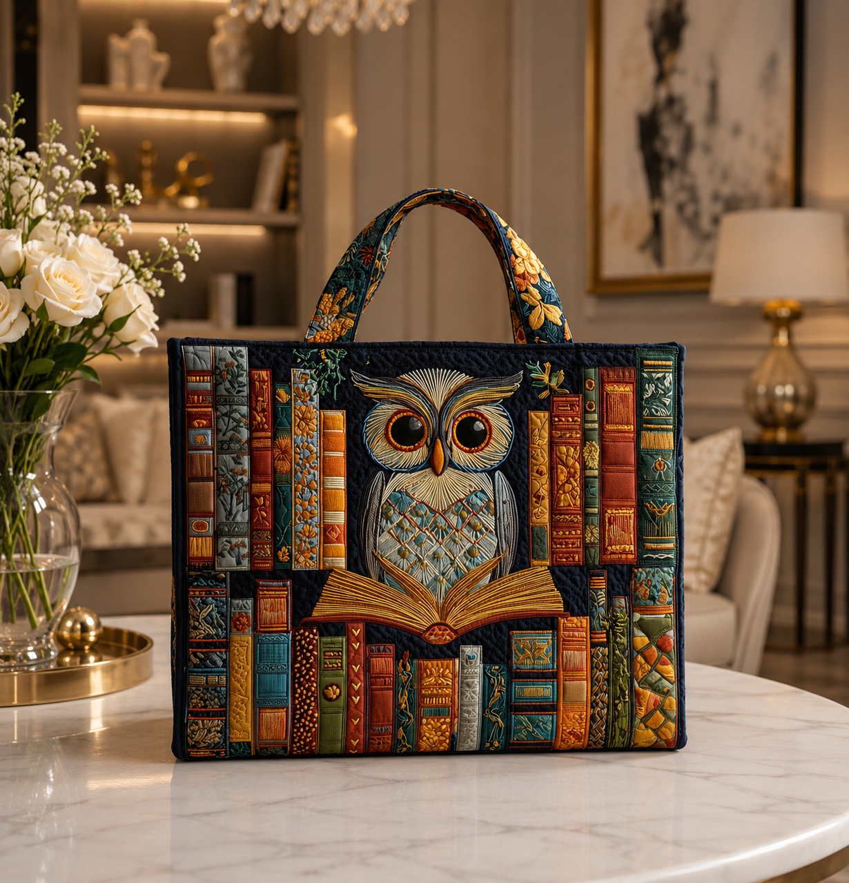 Bolsa Tote Acolchoada - Coruja e Livros Antigos