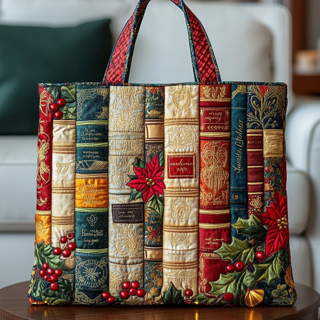Bolsa tote acolchoada com livros natalinos