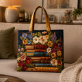 Bolsa tote matelassê - estampa floral e de livros
