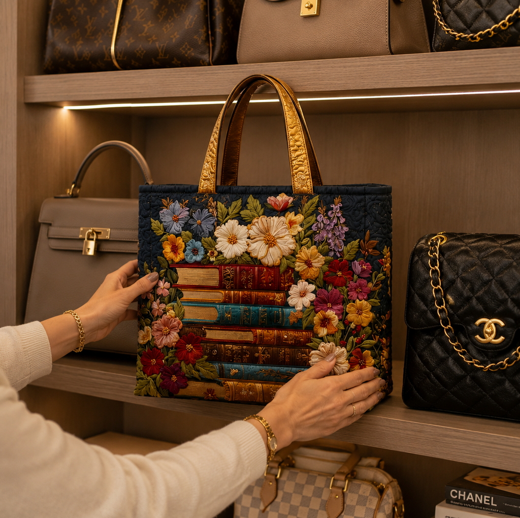 Bolsa tote matelassê - estampa floral e de livros