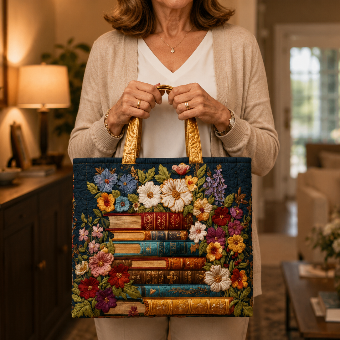 Bolsa tote matelassê - estampa floral e de livros