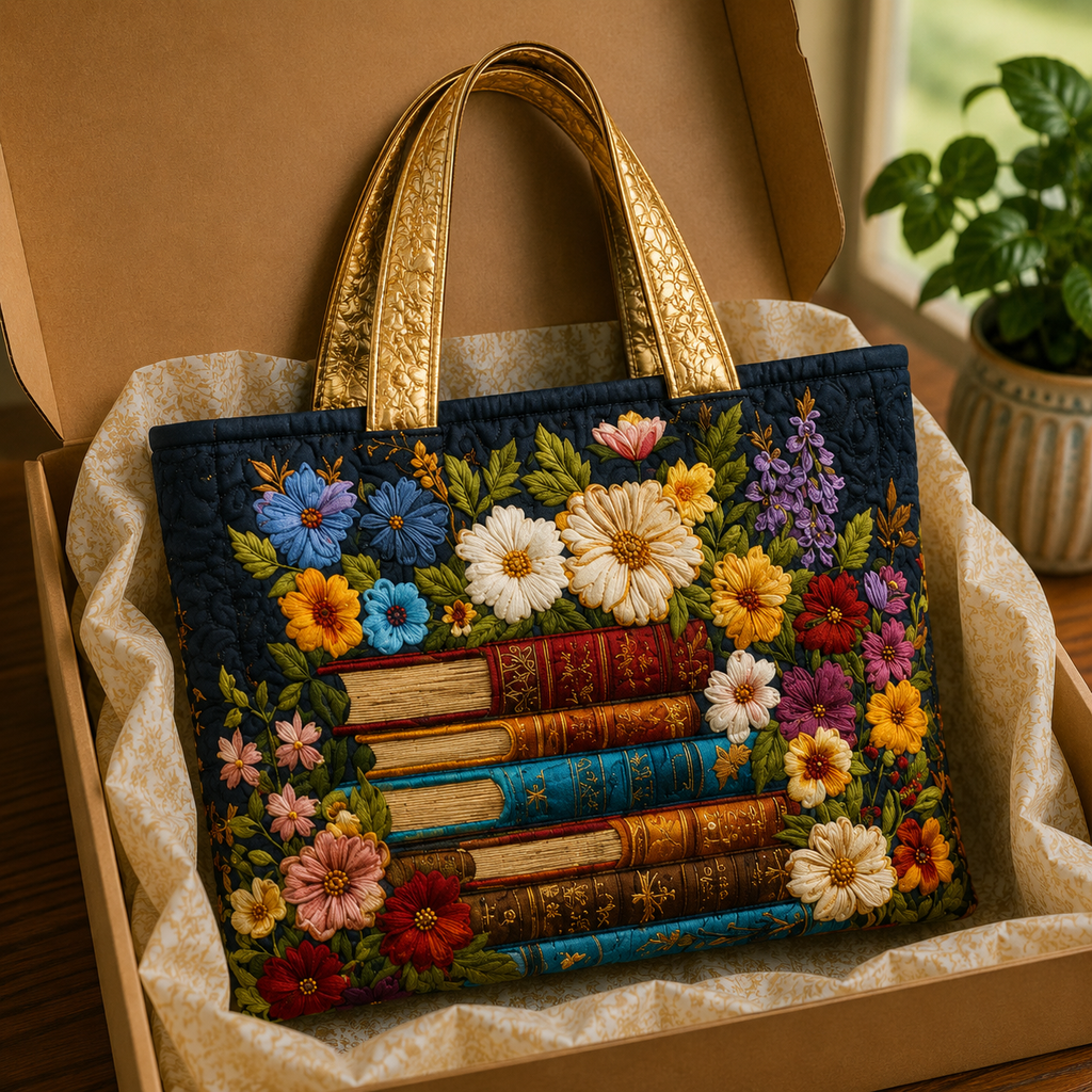 Bolsa tote matelassê - estampa floral e de livros