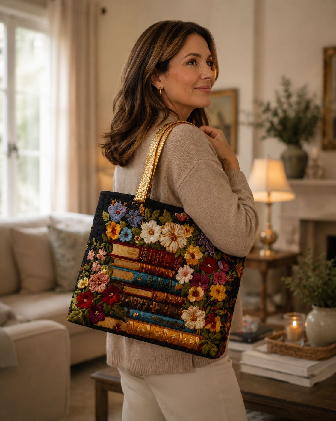 Bolsa tote matelassê - estampa floral e de livros