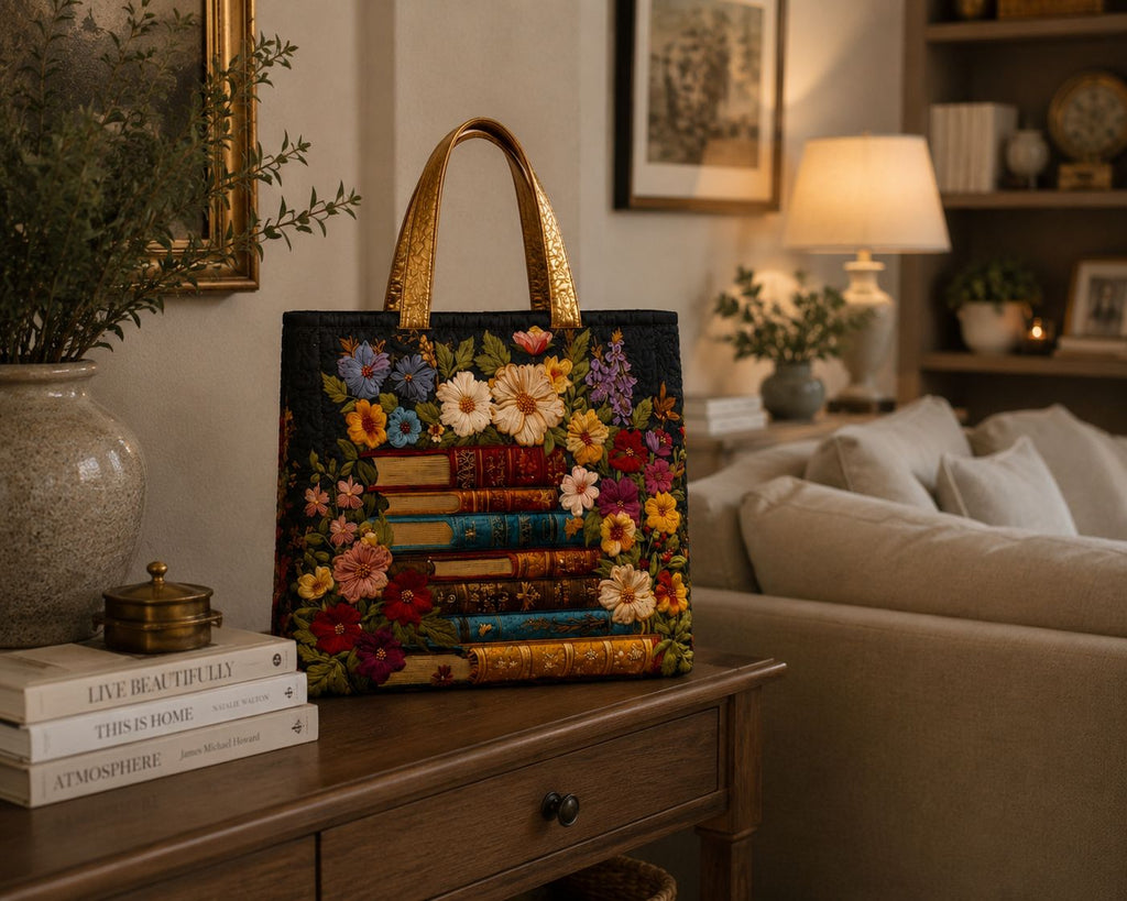 Bolsa tote matelassê - estampa floral e de livros