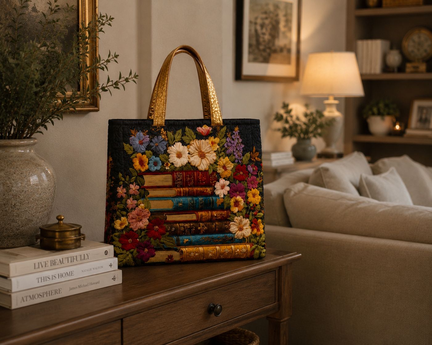Bolsa tote matelassê - estampa floral e de livros
