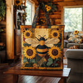 Bolsa tote acolchoada vintage com girassol e abelha melífera
