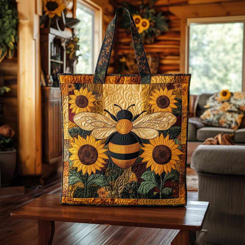 Bolsa tote acolchoada vintage com girassol e abelha melífera
