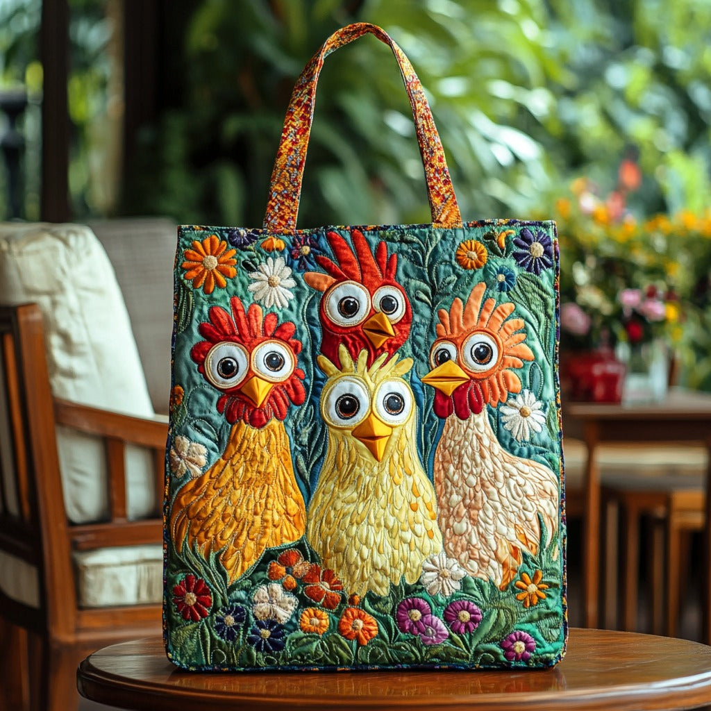 Bolsa tote acolchoada com galinhas engraçadas em estampa floral
