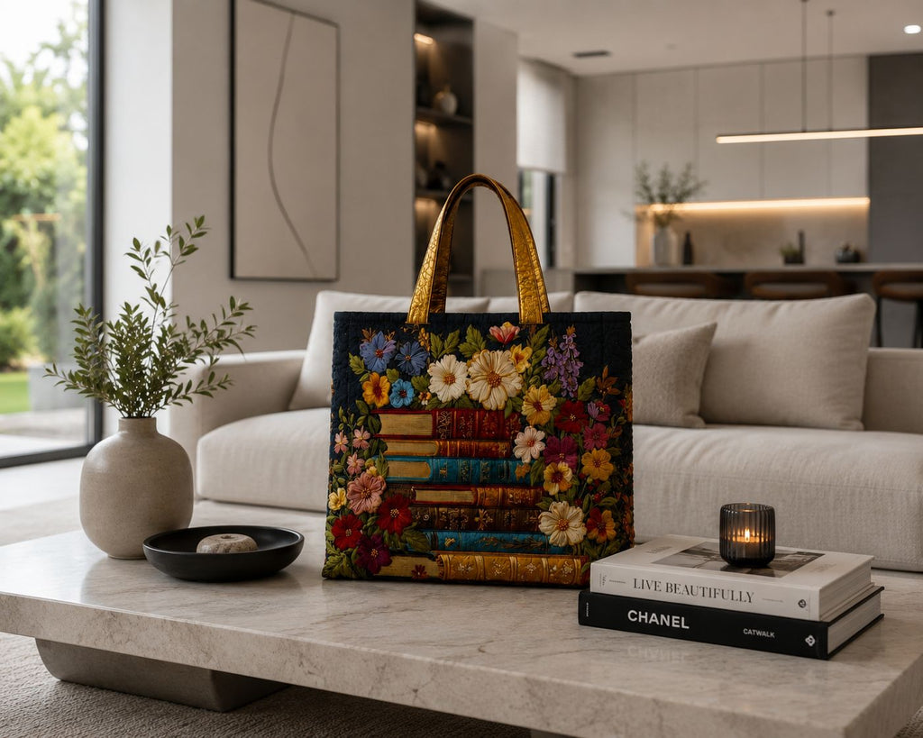 Bolsa tote matelassê - estampa floral e de livros