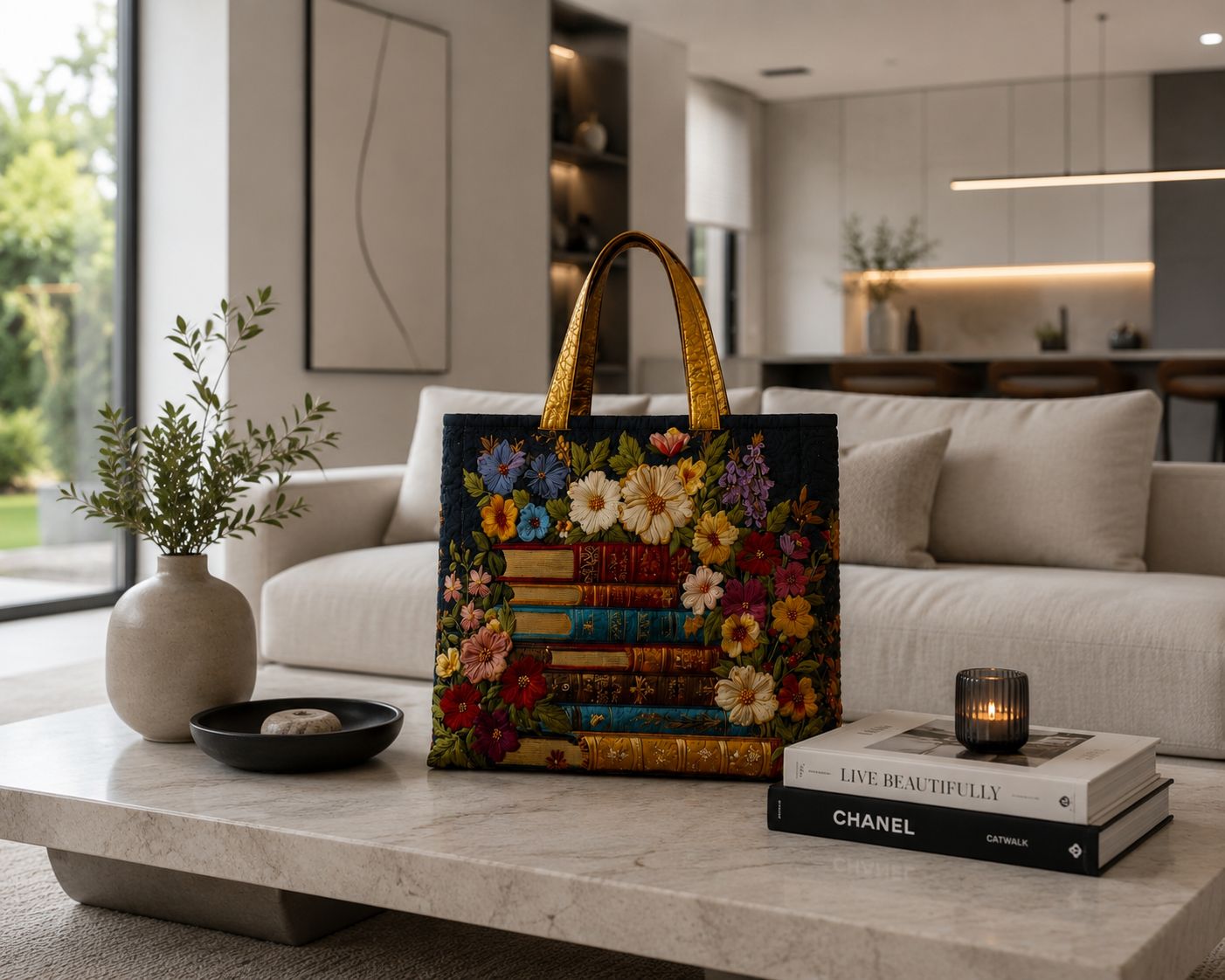 Bolsa tote matelassê - estampa floral e de livros