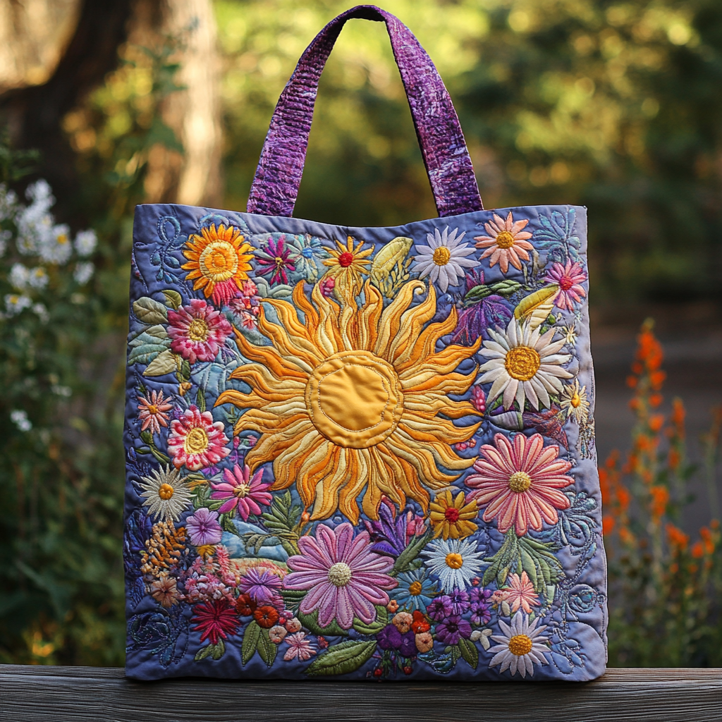Bolsa Tote Acolchoada com Flores e Raios de Sol