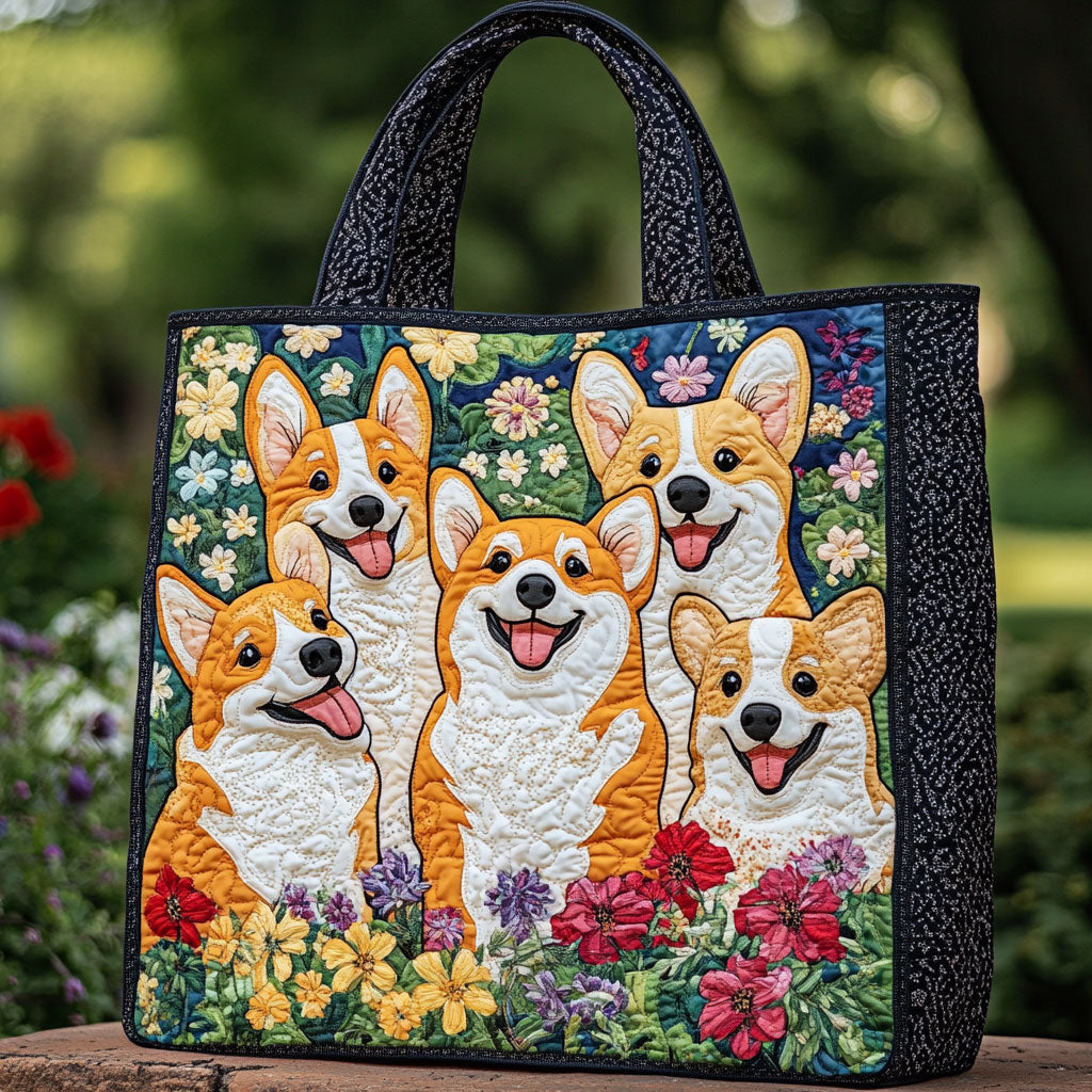 Bolsa Tote Acolchoada com Corgi Florido