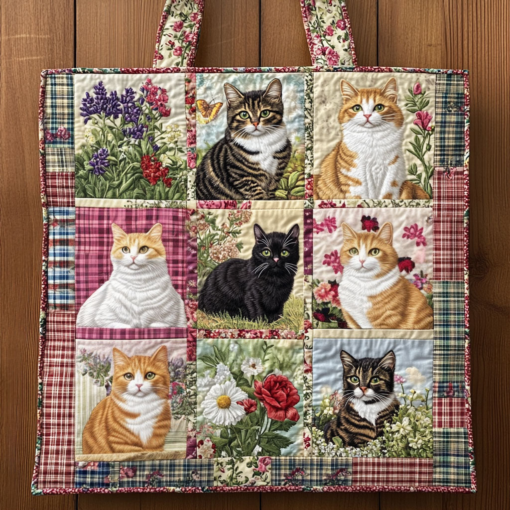 Bolsa Tote Acolchoada com Gato e Girassol
