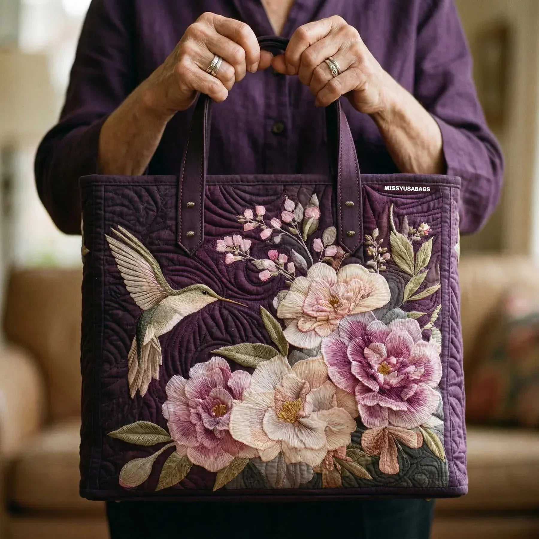 Bolsa Tote Acolchoada - Beija-flores e Orquídeas