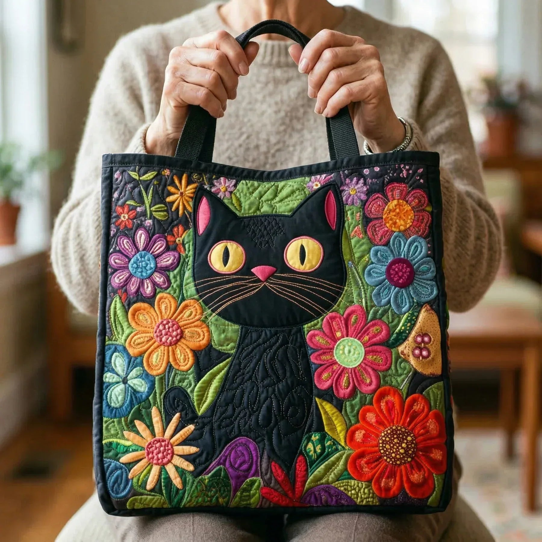 Bolsa Tote Acolchoada - Gato Preto Encantado