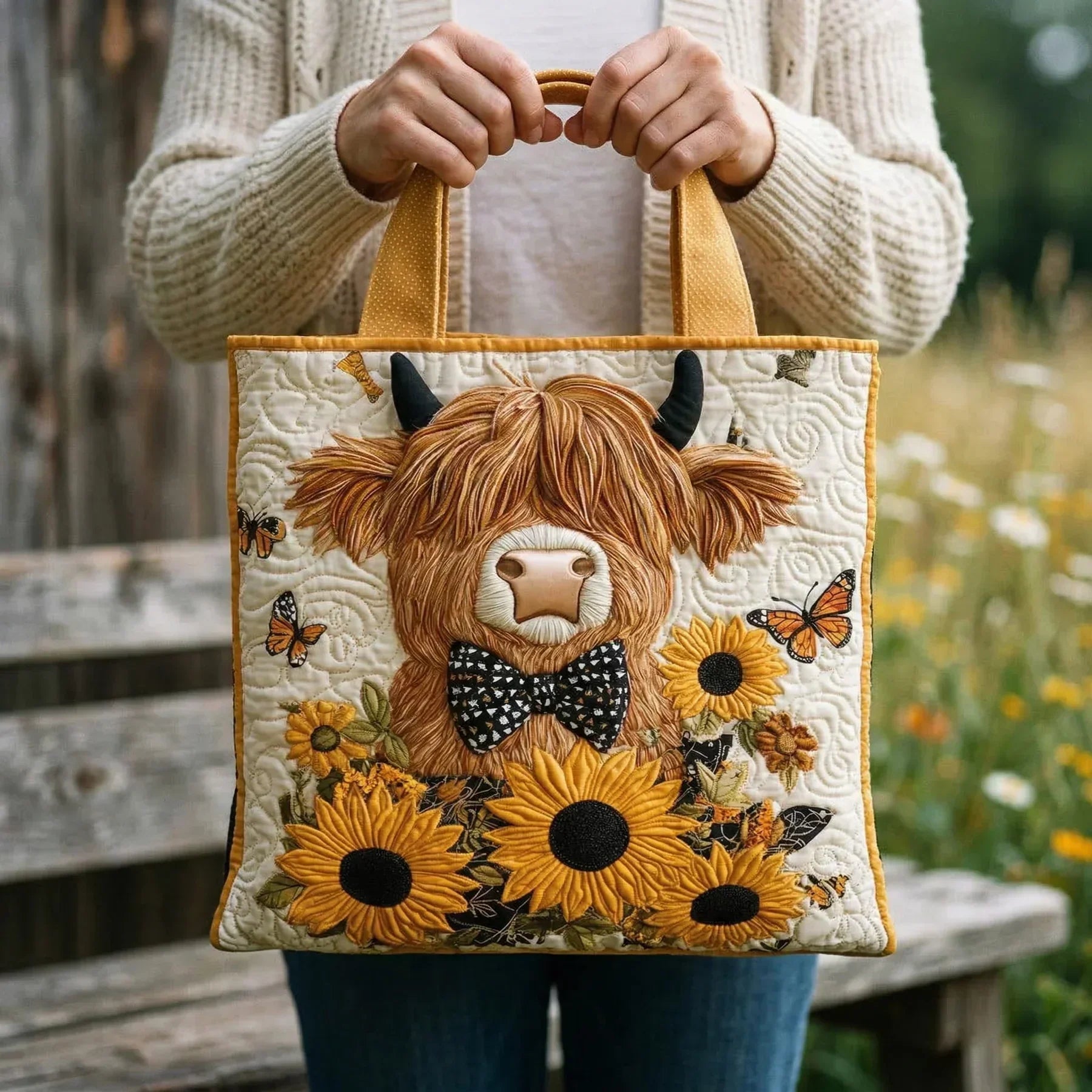 Bolsa Tote Matelassê - Vaca Highland com Girassóis