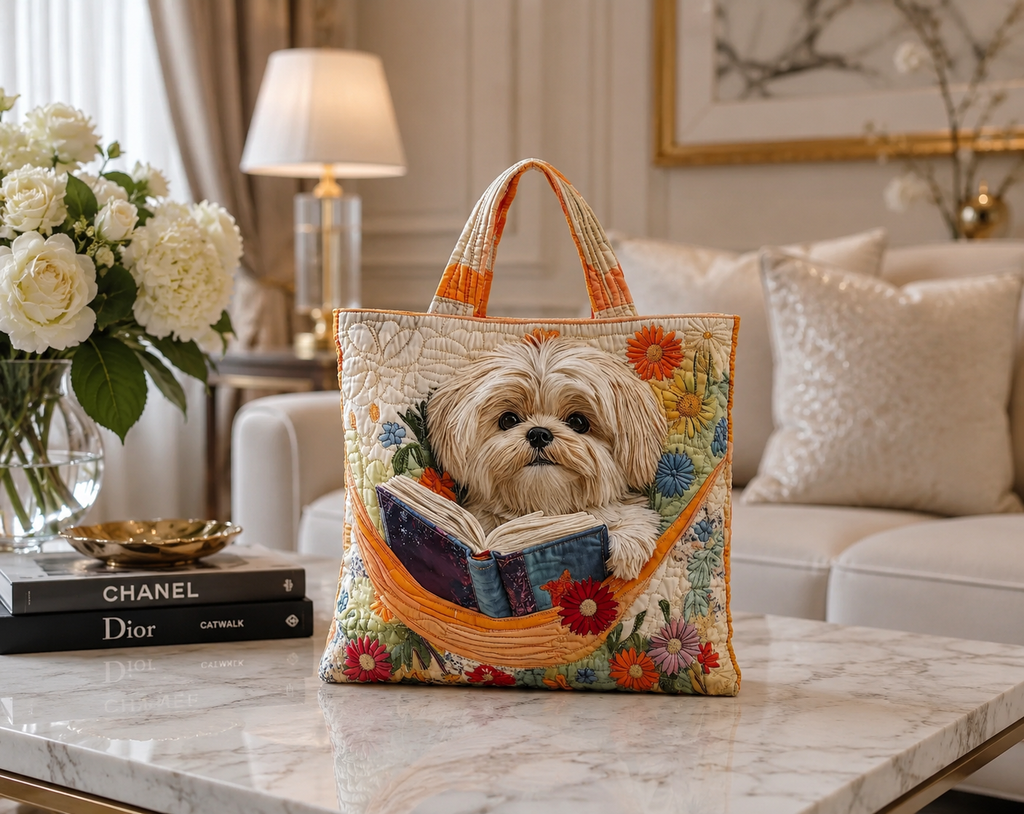 Bolsa Tote Acolchoada - Shih Tzu com Livros e Flores