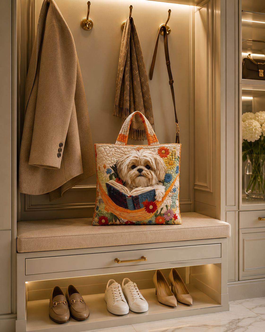 Bolsa Tote Acolchoada - Shih Tzu com Livros e Flores