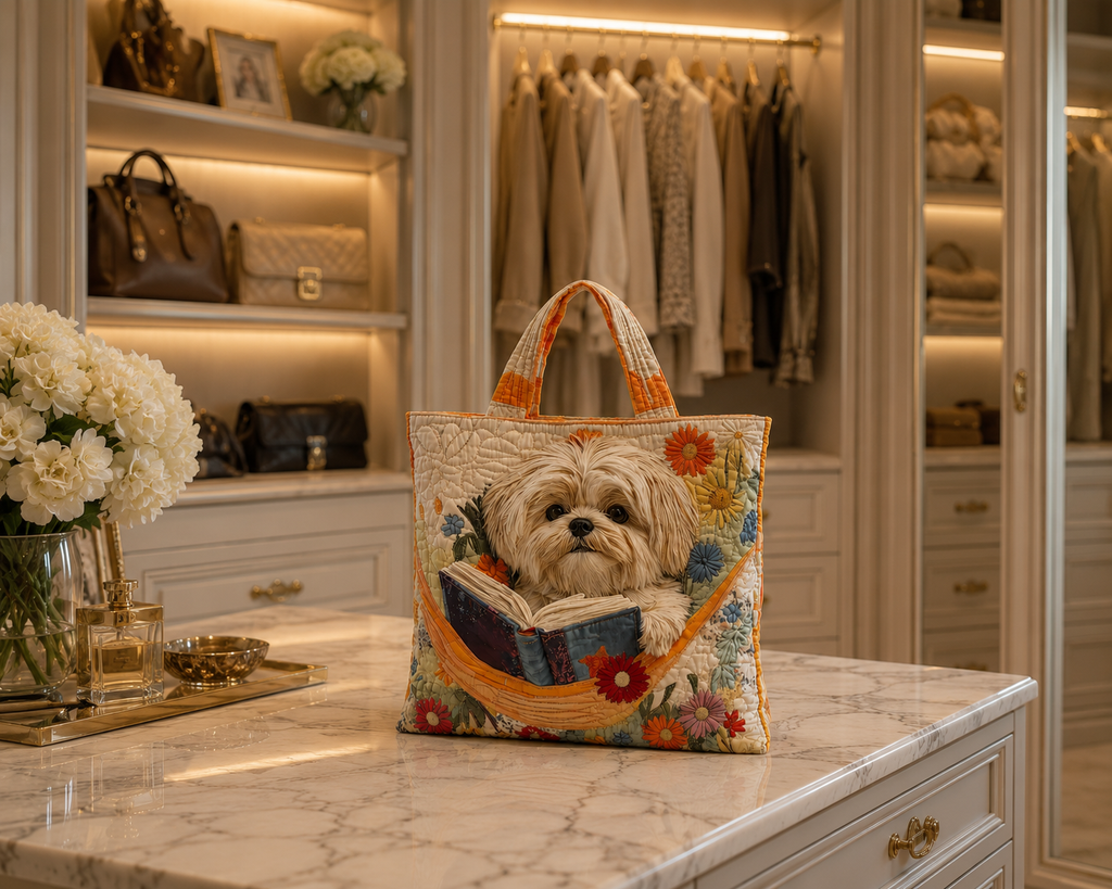 Bolsa Tote Acolchoada - Shih Tzu com Livros e Flores