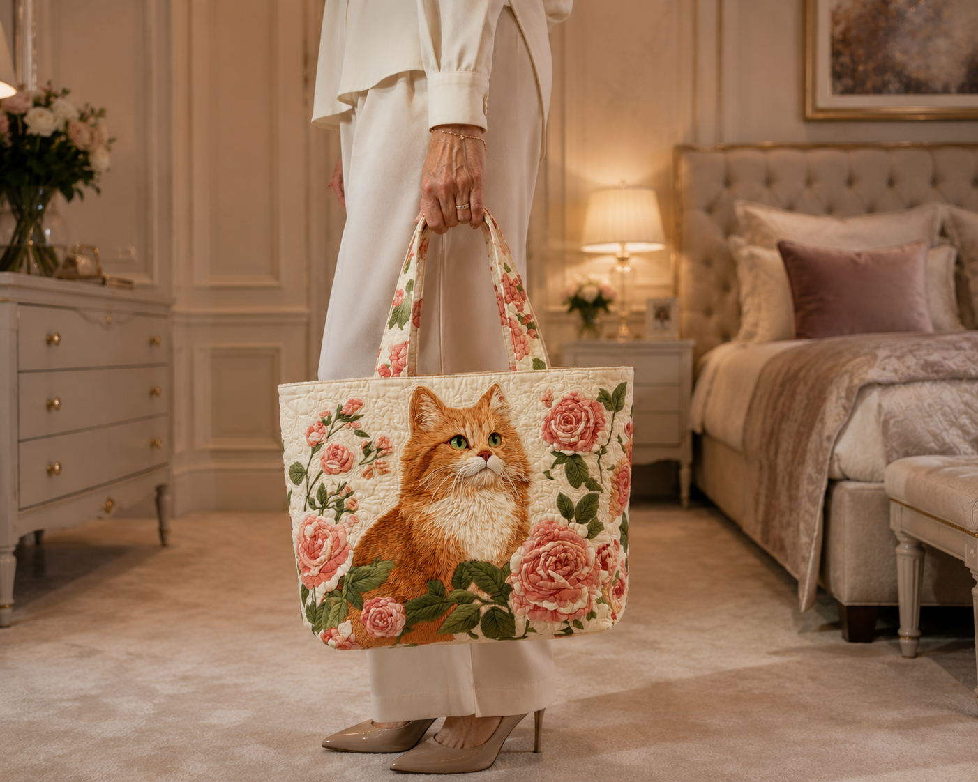 Bolsa Tote Matelassê - Gato Ruivo com Rosas