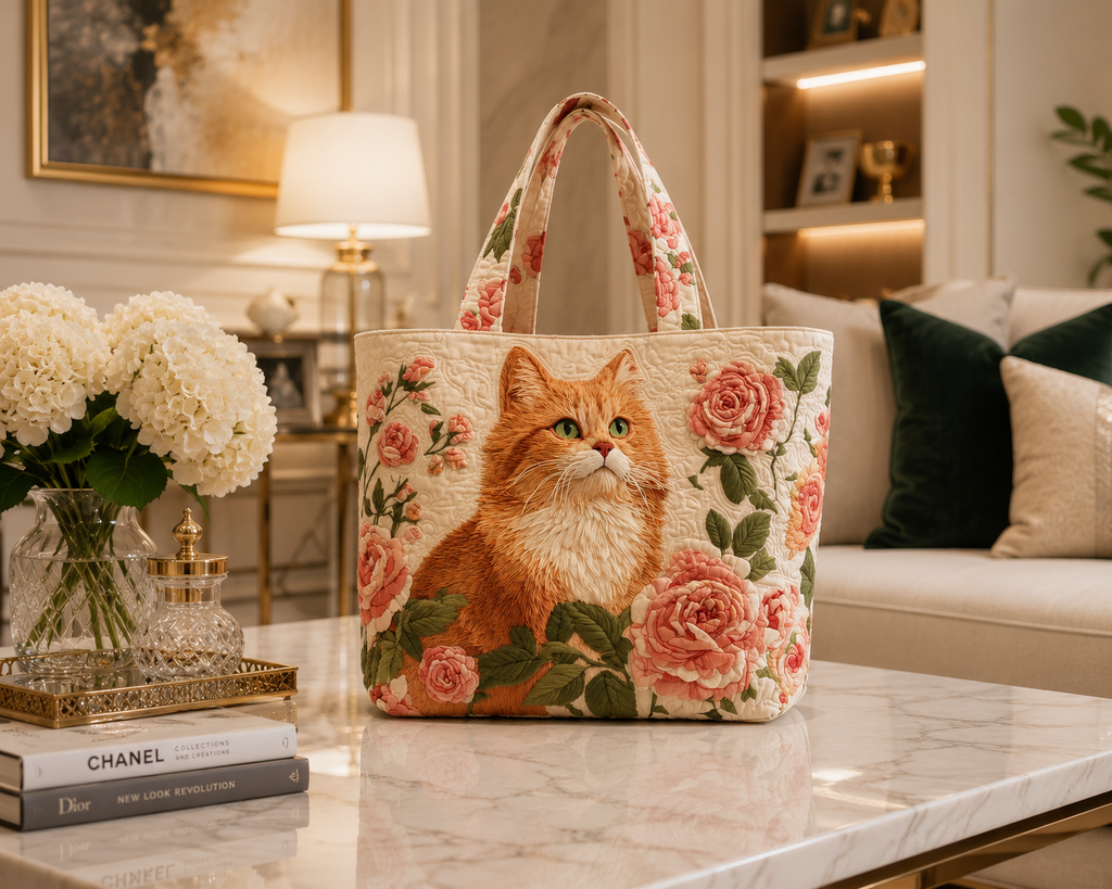 Bolsa Tote Matelassê - Gato Ruivo com Rosas