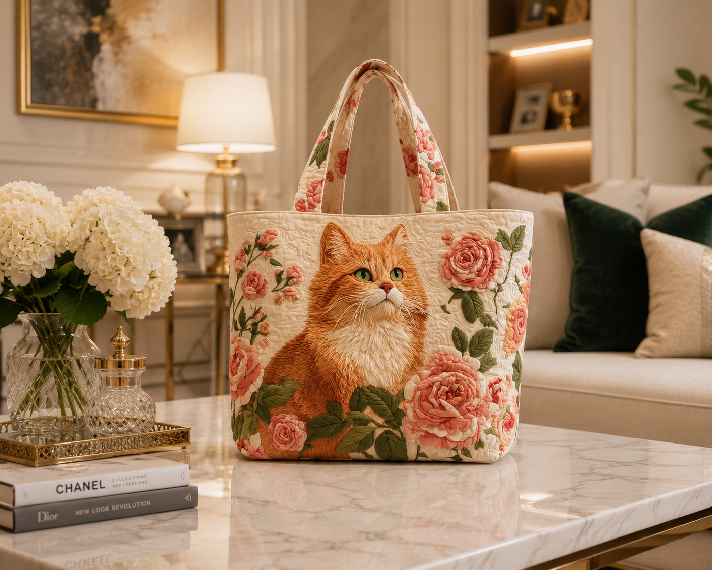 Bolsa Tote Matelassê - Gato Ruivo com Rosas