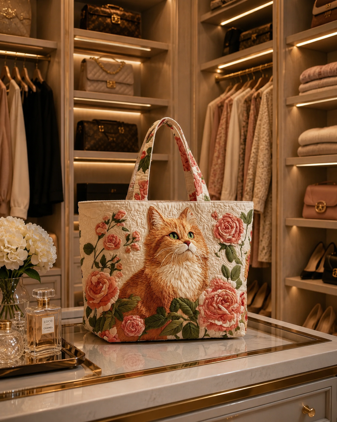 Bolsa Tote Matelassê - Gato Ruivo com Rosas
