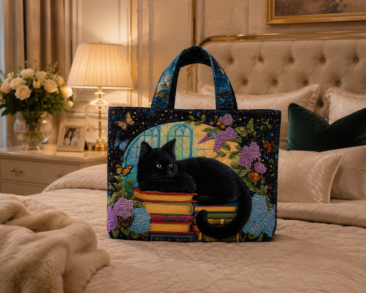 Bolsa Tote Matelassê - Gato Preto sobre Livros