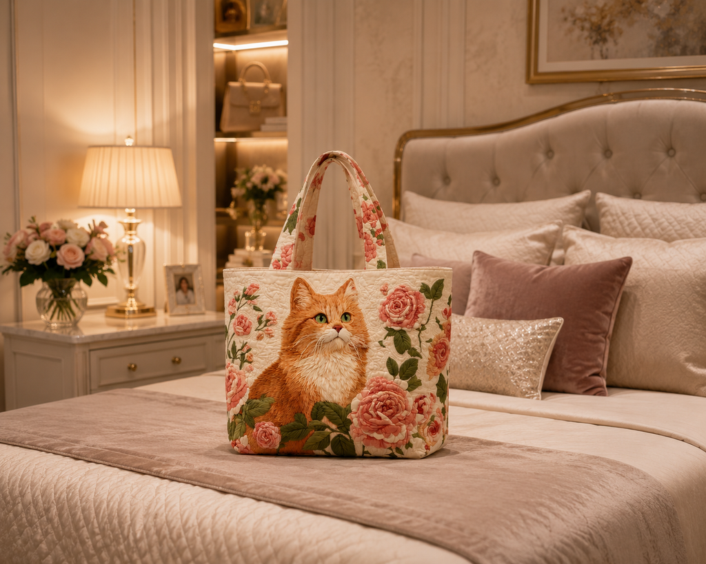 Bolsa Tote Matelassê - Gato Ruivo com Rosas